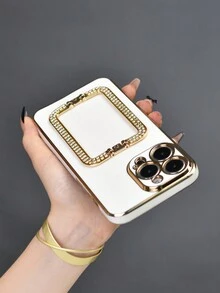 1pc Electroplated Diamond Studded Button Bracket Black/Purple/Pink/White/Green/Blue Plating Phone Case With Hidden Bracket Shaking Protection Ultra-Thin Shell Anti-Fall Cover Camera Lens Full Protection Soft Phone Case For Iphone7/8/11/12/13/14/15/X/Xr/Xs/Plus/Pro/Pro Max/Se2/Mini Series - White - View 5