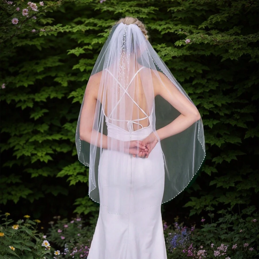 1pc Bridal Short Single Layer Veil With Crystal Beaded Edge For Wedding - Beige - View 1