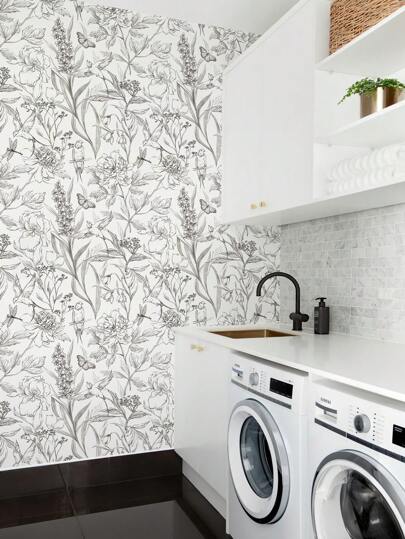 117.32*789.4 Inch/ 17.32*118.11 Inch Flowers Birds Wit Painted Flower Bird ation Bathroom Wallpaper Peel Stick Furniture Renovation Contact Paper view 2