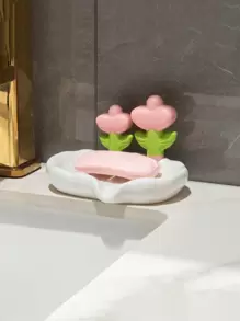 1 件浴室花朵图案肥皂盒，壁挂式肥皂盒，无需钻孔肥皂架家居浴室装饰秋季装饰返校 - 白色 - 查看 3
