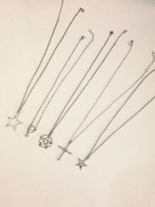 5pcs/Set Y2k Vintage Gothic Punk Rock Style Star & Rhinestone Inlaid Cross & Butterfly Pendant Necklace With Stainless Steel Chain