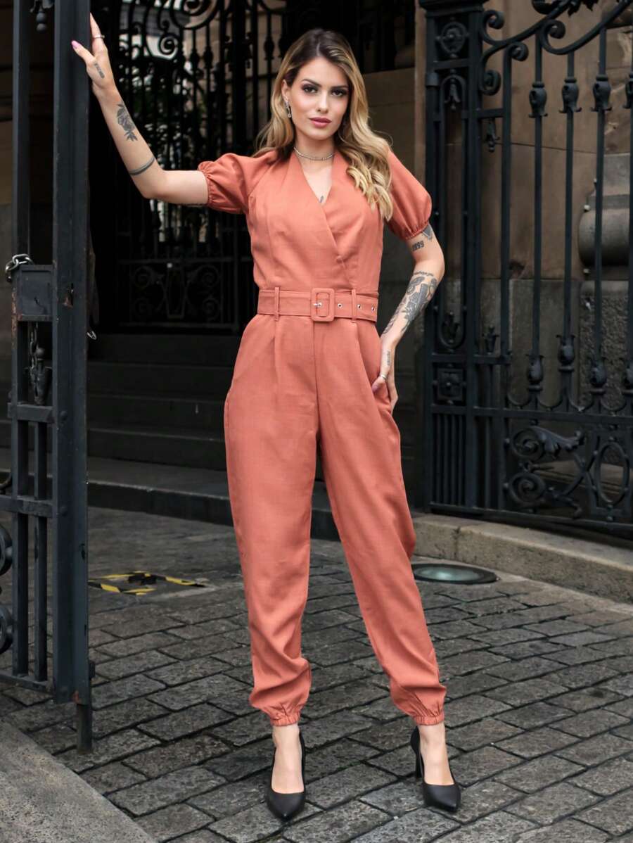 COELIN FASHION Macacão Com Manga Bufante De Linho