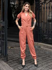 COELIN FASHION Macacão Com Manga Bufante De Linho