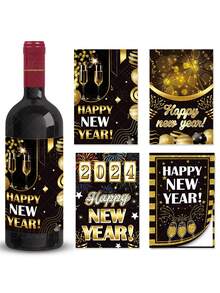 8張2024年除夕派對裝飾貼紙套裝新年快樂裝飾貼紙酒瓶自黏貼紙元旦派對裝飾自黏貼紙派對派對裝飾道具