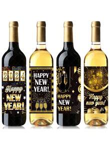 8張2024年除夕派對裝飾貼紙套裝新年快樂裝飾貼紙酒瓶自黏貼紙元旦派對裝飾自黏貼紙派對派對裝飾道具