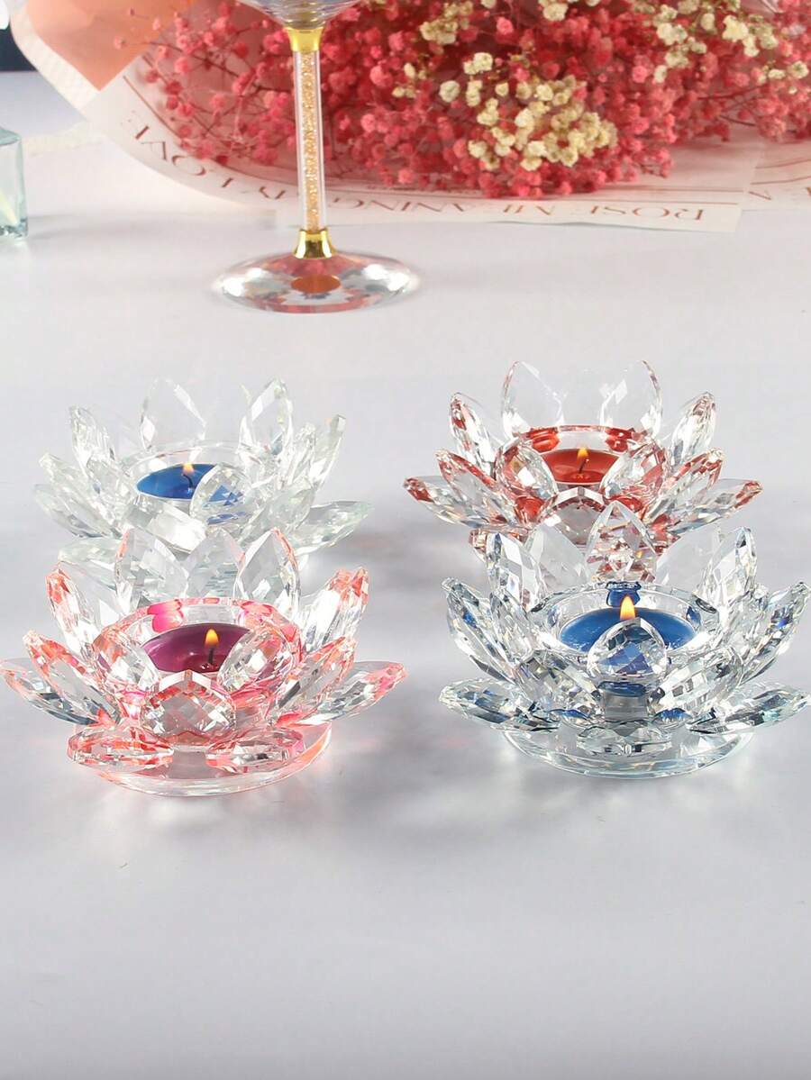 1pc Transparent Pink Candlestick, Lotus Shape Red Crystal Glass Aromatherapy Table Center Decoration - Clear - View 1