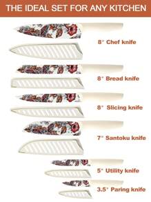 Marco Almond MA68 12-Piece Kitchen Knives Set, Colorful And Fashionable Coated Stainless Steel Knives With White Blade Guards, 6 Knives With 6 Knives Sheath