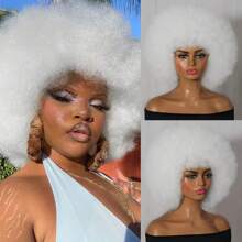 万圣节假发 柔软非洲发型 70 年代女士假发 非洲卷发假发，带刘海，看起来自然的短非洲卷发假发，适合男士的弹性白色非洲蓬松假发 合成头发 大非洲假发，适合日常派对 角色扮演 节日 圣诞节装饰 编织假发