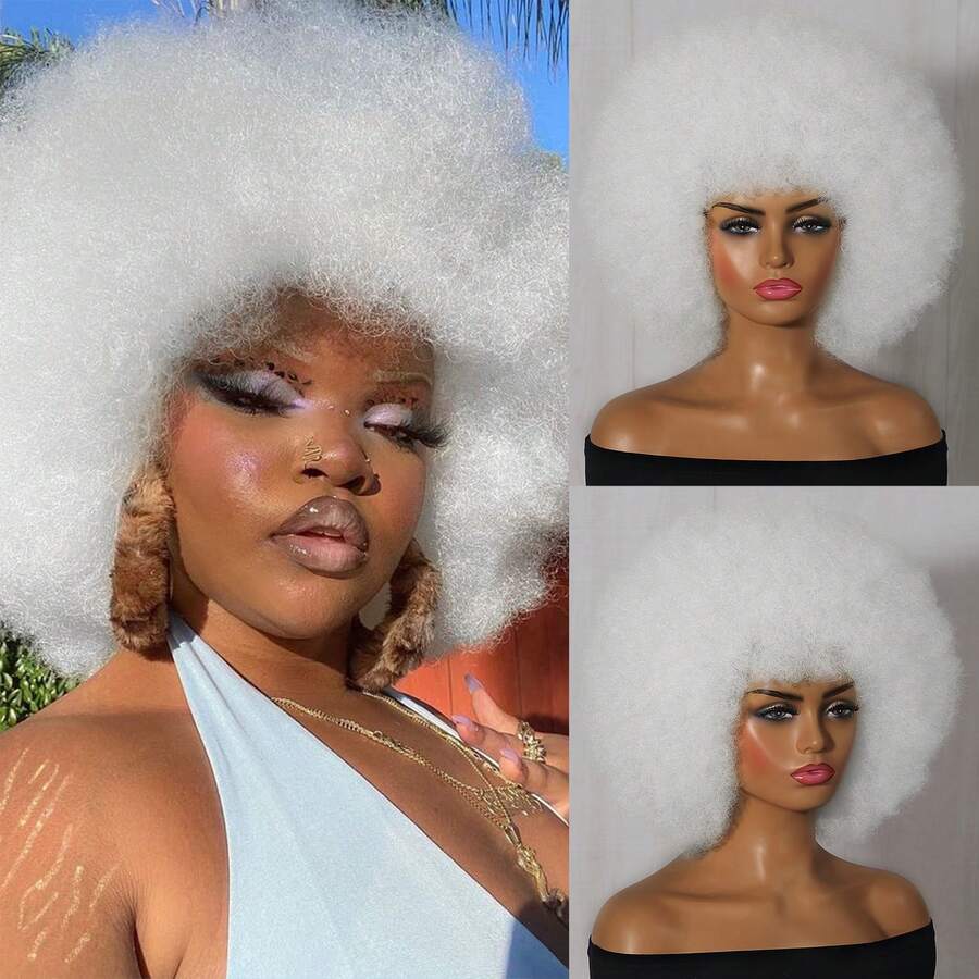 万圣节假发 柔软非洲发型 70 年代女士假发 非洲卷发假发，带刘海，看起来自然的短非洲卷发假发，适合男士的弹性白色非洲蓬松假发 合成头发 大非洲假发，适合日常派对 角色扮演 节日 圣诞节装饰 编织假发