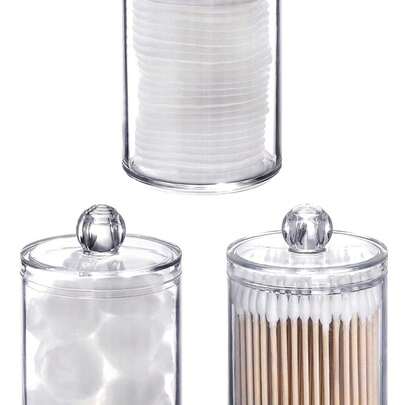 Bộ 3 hộp đựng tăm bông, lọ nhựa trong suốt 10oz dùng để đựng và sắp xếp đồ dùng phòng tắm, hộp đựng đồ trang điểm để bàn, đồ trang trí phòng tắm, đồ trang trí phòng tắm, đồ trang trí mùa thu, đồ trang điểm, trở lại trường học