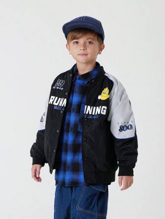 Tween Boy Stylish Sporty Printed Three-Proofing Padded Coat With Baseball Collar, Racing Style, Fall & Winter