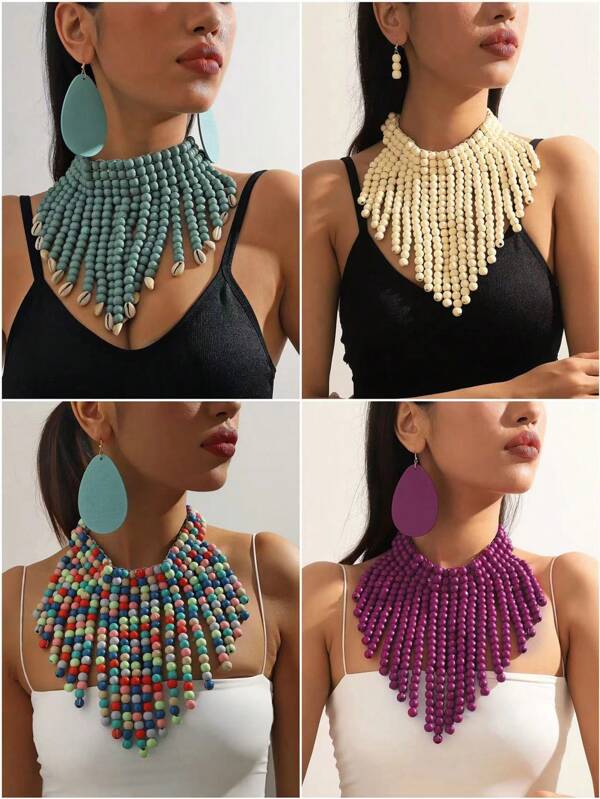 3pcs/Set Fan-Shaped Hollow Shell Bead & Sequin Jewelry Set, Vintage Pendant Necklaces & Earrings For Women (Minor Imperfections)