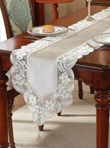 1 件 100% 涤纶面料精致 3D 刺绣蕾丝花边家居装饰、橱柜围巾、厨房餐桌旗、餐垫、室内外节日装饰、野餐、派对、婚礼系列桌旗 - 駝色 - 查看 2