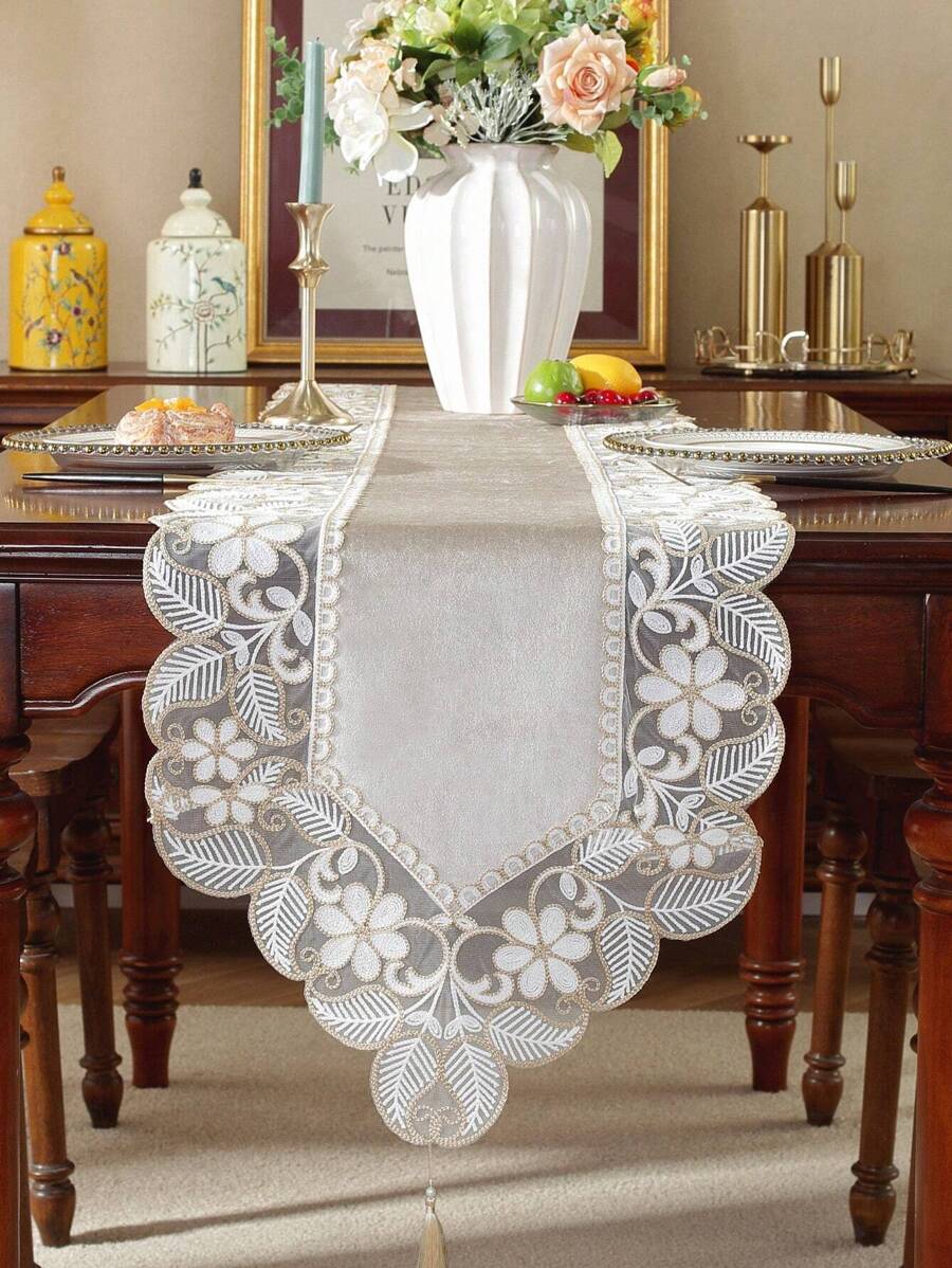 1 件 100% 涤纶面料精致 3D 刺绣蕾丝花边家居装饰、橱柜围巾、厨房餐桌旗、餐垫、室内外节日装饰、野餐、派对、婚礼系列桌旗 - 駝色 - 查看 1