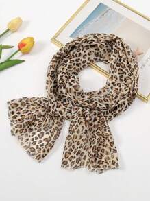 1pc Leopard Print Scarf With Long Fringe For Women. Beach Towel, Sunscreen, Shawl - Multicolor - View 2