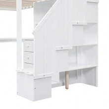 MERAX Twin Size Loft Bed With L-Shaped Desk And Drawers, Cabinet And Storage Staircase, Gray/White - 白色 - 查看 10