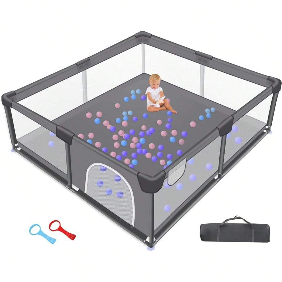 Baby Playpen 71" X 59",Baby Playards,Large Playpen for Babies and Toddlers,Big Playpens for Babies,Indoor Safety Infant Play Pen w/Gate  Anti-Slip Base and Breathable Mesh (Dark Grey) - 深灰色 - 查看 1