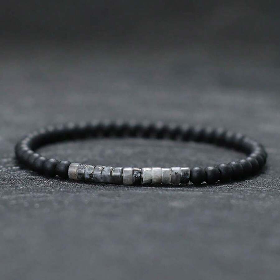 1條極簡風格4mm灰色珠子手鍊，男女皆宜的黑瑪瑙小石手鍊，冥想瑜伽串珠手鍊，情侶手鍊 - 查看 1