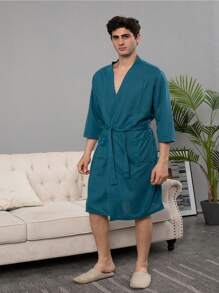 1件優雅時尚男士浴袍睡衣,冬季珊瑚絨睡衣,家庭旅館浴室浴袍,男女皆可穿夫妻裝睡衣 - 墨綠色 - 查看 4