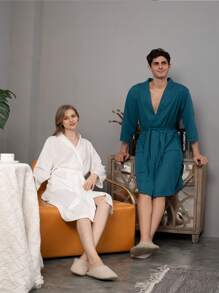 1件優雅時尚男士浴袍睡衣,冬季珊瑚絨睡衣,家庭旅館浴室浴袍,男女皆可穿夫妻裝睡衣 - 墨綠色 - 查看 7