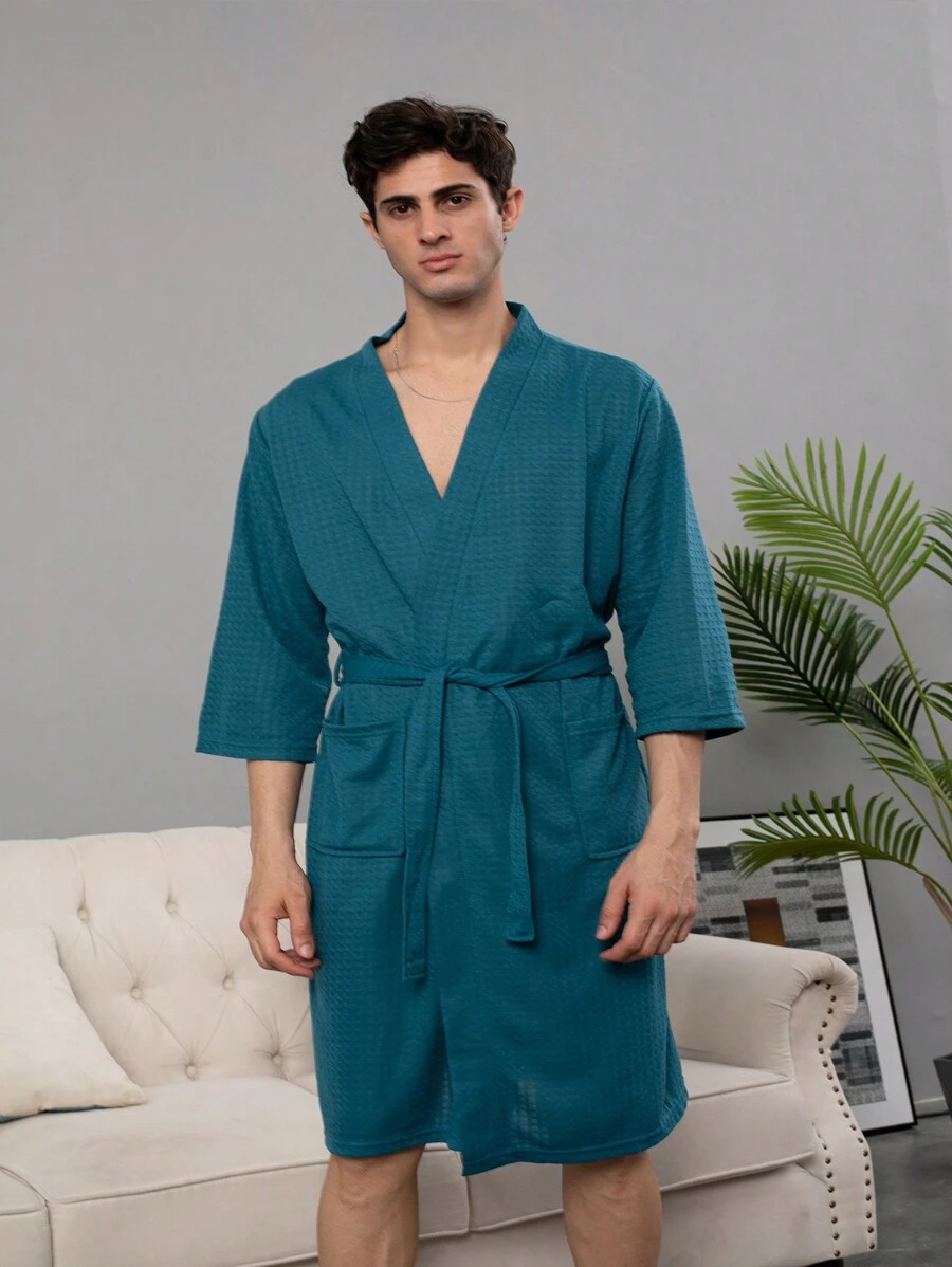 1件優雅時尚男士浴袍睡衣,冬季珊瑚絨睡衣,家庭旅館浴室浴袍,男女皆可穿夫妻裝睡衣 - 墨綠色 - 查看 1