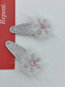 1對女性聖誕雪花百搭夾頭髮配件,附帶毛毛球,適用於冬季和節日