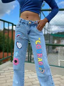 Calça Jeans Wide Leg Estampada Pantalona Infantil Juvenil Promoção - Lavagem Média - Visão 3