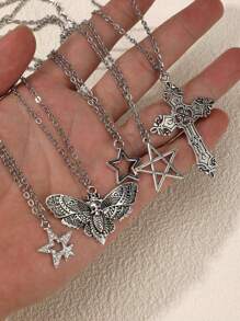 5pcs/Set Y2k Vintage Gothic Punk Rock Style Star & Rhinestone Inlaid Cross & Butterfly Pendant Necklace With Stainless Steel Chain