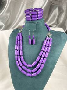 4入組新款ABS高仿珍珠蛇骨多層項鍊耳環手鍊套裝，適用於女士母親、伴娘、新娘、舞會、宴會、節日珠寶禮品 - 紫色 - 查看 3