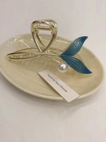 1pc Large Alloy Hair Claw With Pearl Fish Tail Cutout Design, Suitable For Daily Use - Blue - View 3