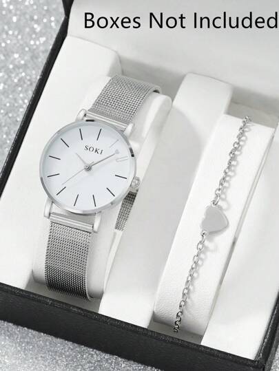 SOKI 1pc Mesh Strap Round Pointer Quartz Watch & 1pc Bracelet Holiday