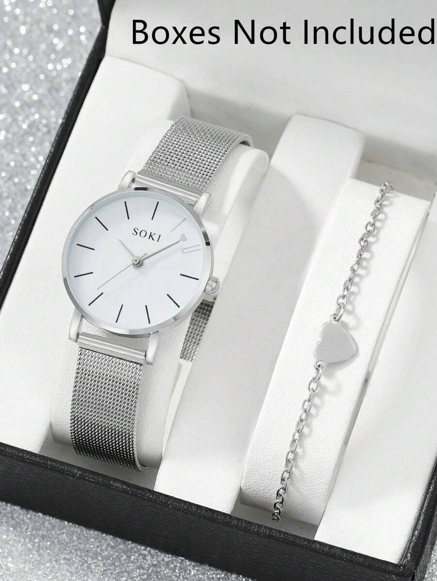 SOKI 1入網帶圓形指針石英手錶＆1入手鐲度假套裝 - 銀色 - 查看 1
