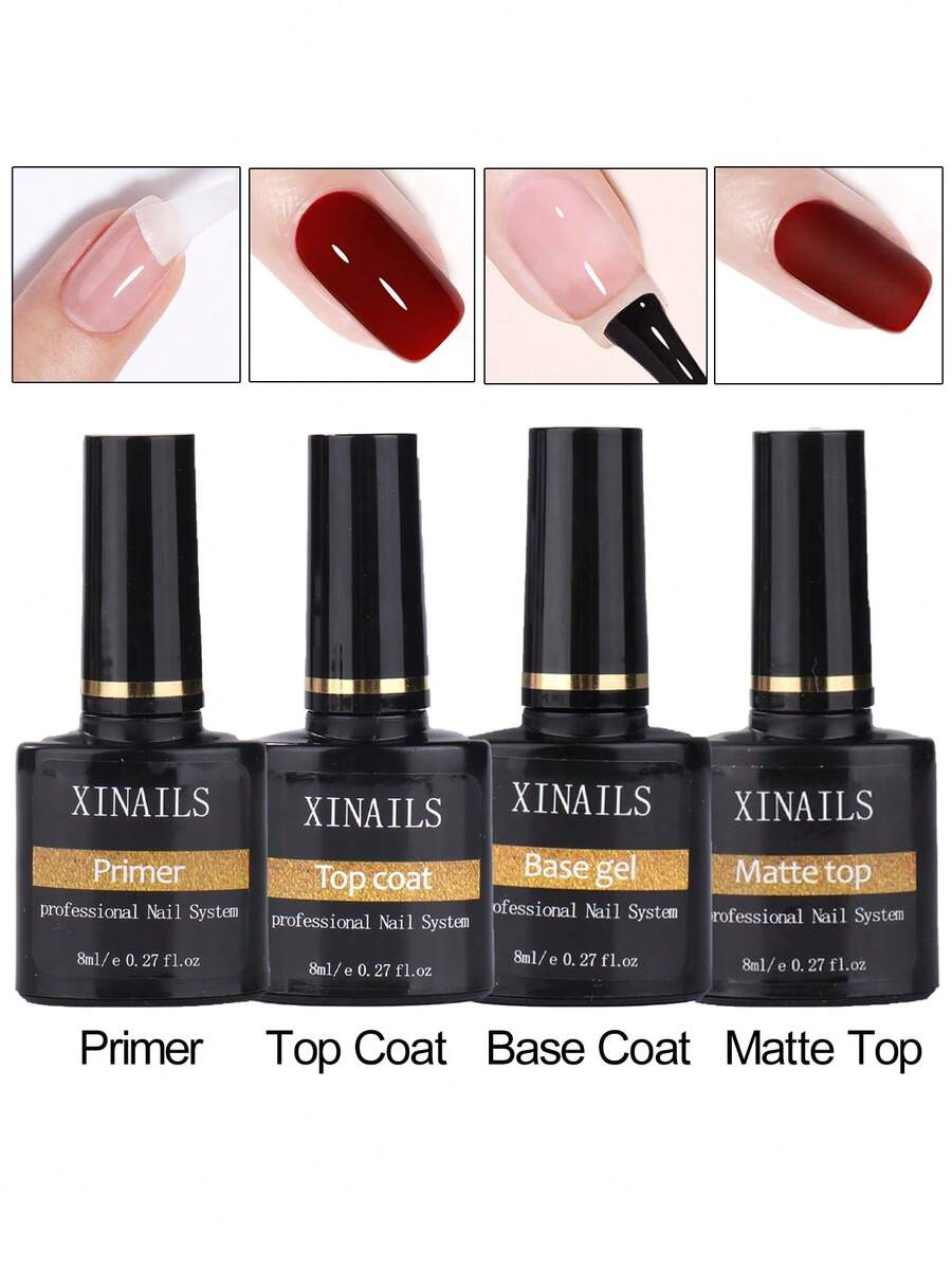 4入組8ml無需擦拭功能指甲凝膠套裝,包含底/面膜漆、啞光/空氣干燥底膜和優非加載長效光澤指甲油。是聖誕節給女性美甲沙龍配件及指甲用品的不錯禮物 - 無色 - 查看 1