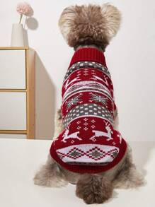 Autumn/Winter Christmas Deer & Maple Leaf Wave Pattern Pet Sweater, Knitted Snowflake Jacquard Schnauzer Cat Dog Clothes - Multicolor - View 2