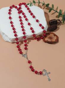 1pc Black & Pink Round Bead & Faux Pearl & Cross Pendant Necklace, Simple Style Sweater Chain - glass bead necklace - View 13