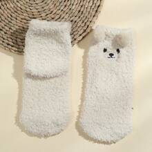 1 Cặp tất in hình động vật dễ thương (Corgi, Panda, Thỏ, Gấu, Khủng long) dành cho trẻ em từ 3-16 tuổi, tất lót sàn nhung san hô ấm áp cho mùa thu/đông - Màu be - Xem 2