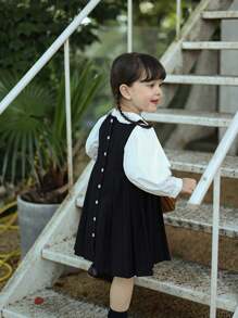 小女童假兩件彼得潘領娃娃裙 - 黑與白 - 查看 2