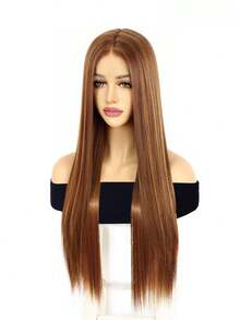 13*5*1 T 部分优质合成纤维头发橙色臭鼬条纹蕾丝前假发，超长直发棕色带橙色条纹蕾丝前假发，中分风格自然预拔完美发际线高清蕾丝假发，突出显示耐热高温纤维头发 150% 高密度时尚多功能假发日常角色扮演女士假发和 1 件假发帽 - 間色 - 查看 5