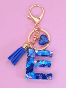 1pc English Alphabet Shaped Keychain With Blue Sequin Polyresin Heart Shape Pendant Tassel Decoration Gift Key Ring Valentine's Day Car Accessories Bag Charm School Cute Goth Y2k - Royal Blue - View 3