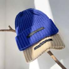 1入黑色寬邊針織帽，修飾臉型，適用於秋冬季節；灰色厚針織帽，毛茸茸的內裡適合寒冷天氣和休閒穿著。 - 黑色 - 查看 10