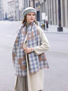 1pc Women's Plaid & Flower Patterned Double-sided Tassel Faux Cashmere Warm & Fashionable Scarf Shawl For Everyday Use - Multicolor - View 2