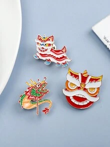 3入組獅子和龍舞蹈胸針,可愛的卡通風格,男女皆宜的春節配件,元素,原創情侶徽章 - 彩色 - 查看 2