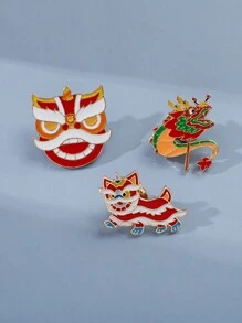3入組獅子和龍舞蹈胸針,可愛的卡通風格,男女皆宜的春節配件,元素,原創情侶徽章 - 彩色 - 查看 1