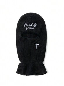 1頂男士針織單孔拉瓦帽,刺繡字母和圖案,在秋冬保暖和日常穿著中非常完美 - 黑色 - 查看 2