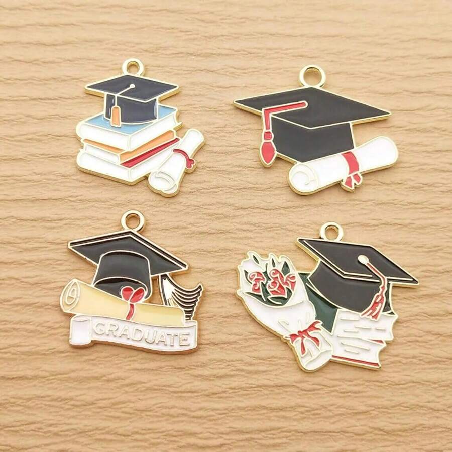 4pcs Graduation Hat Charm For Jewelry Making Enamel Pendant Zinc Alloy Gold Plated - Multicolor - View 1