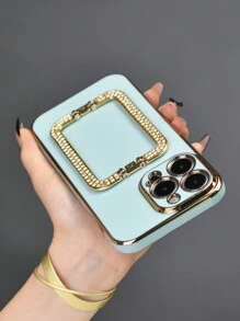 1 Peça Estojo Para Telemóvel Electrodado Verde Com Fivela Quadrada Com Diamantes E Suporte Escondido, Capa Protetora Ultra-fina À Prova De Choque, Capa Protetora Compatível Com Série Iphone7/8/11/12/13/14/15/x/xr/xs/plus/pro/pro Max/se2/mini Com Protector Completo De Lente Da Câmara - Verde - Ver 5