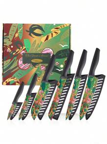 Marco Almond MA69 12-Piece Kitchen Knives Set, Colorful And Fashionable Coated Stainless Steel Knives With Black Blade Guards, 6 Knives With 6 Knives Sheath