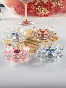 1pc Transparent Pink Candlestick, Lotus Shape Red Crystal Glass Aromatherapy Table Center Decoration - Clear - View 3