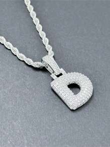 1 件嘻哈風格立方氧化鋯石英字母吊墜項鍊,龐克時尚,男士日常佩戴 - 銀色 - 查看 3