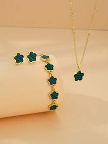 4入組簡約清新五瓣花設計銅頸鍊、耳環、手鍊套裝,女性款式,適合約會、婚禮、畢業禮物